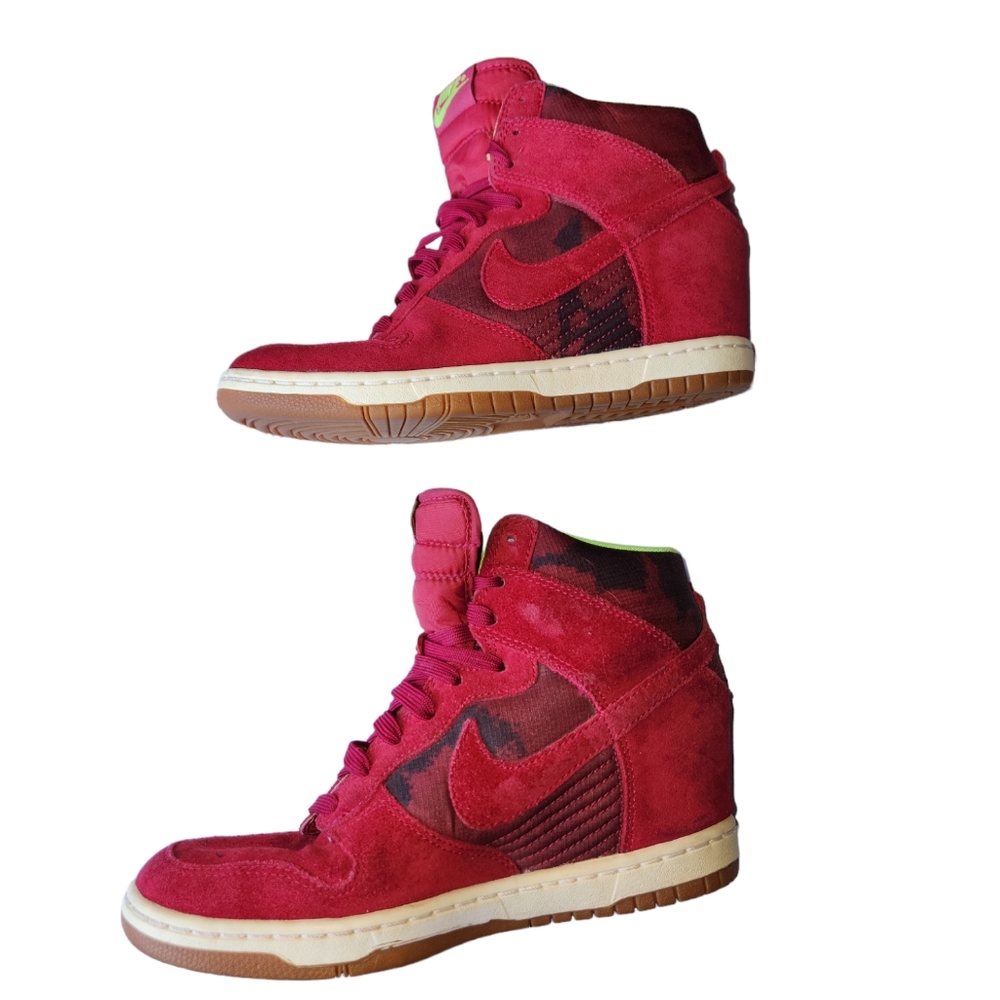 Burgundy Camo Nike Sky Hi Dunk Hidden 2.5 Wedge Lime Green inner Women Size 8